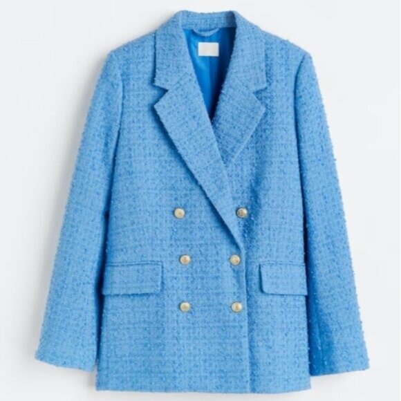 H&M Blue Tweed Double Breasted Bouclé Jacket Long Sleeve M - Picture 7 of 7